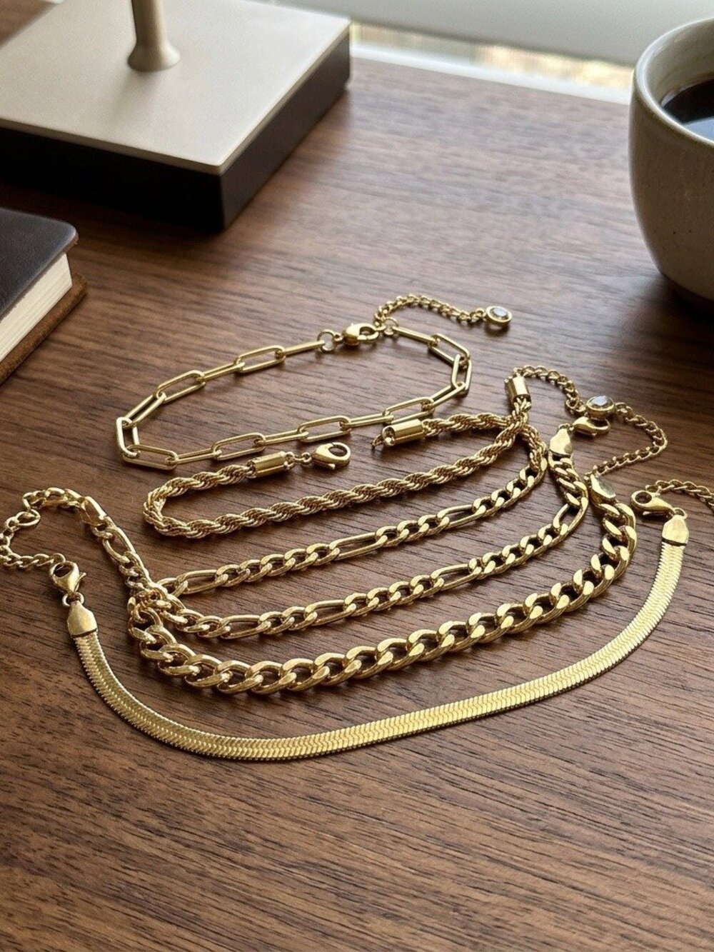 Gold Chain Bracelet Set 5 Pcs Paperclip Rope Figaro Herringbone Stacking